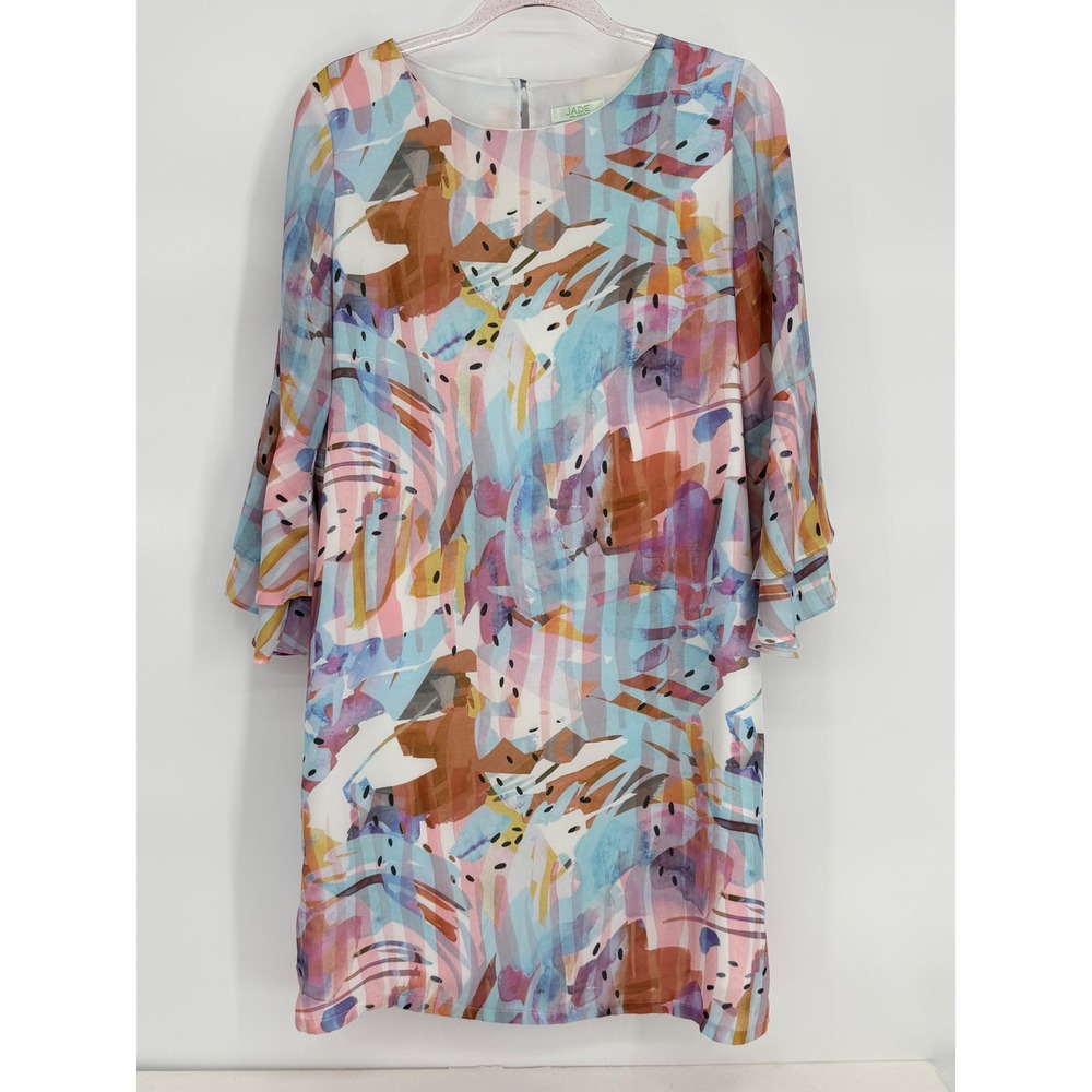 Jade Melody Tam Womens Abstract Watercolor Tiered Bell Sleeve Shift Dress Sz L